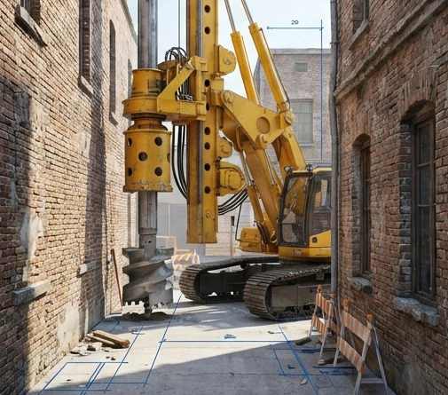 Буровая установка работает в узком пространстве между зданиями